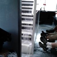 Water pouring down the stairs of our tour
bus